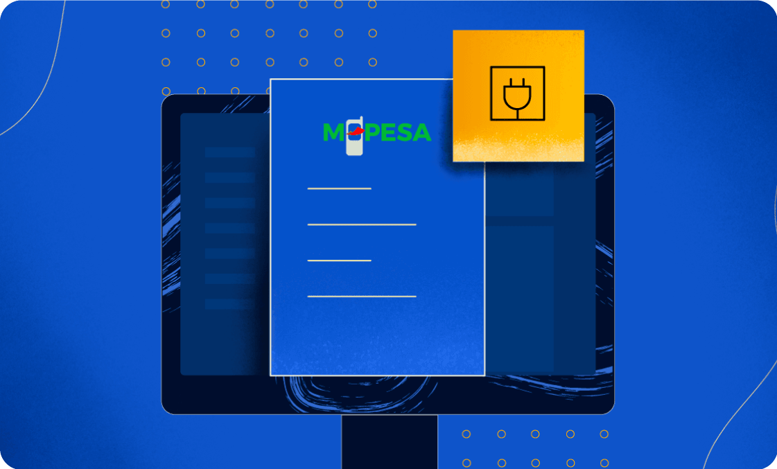 Illustration of a laptop screen displaying an M-Pesa transaction along with the M-Pesa logo.